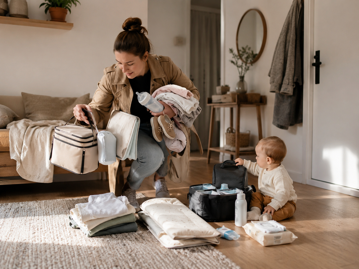 Mum packing several bags before a family outing, her baby beside her