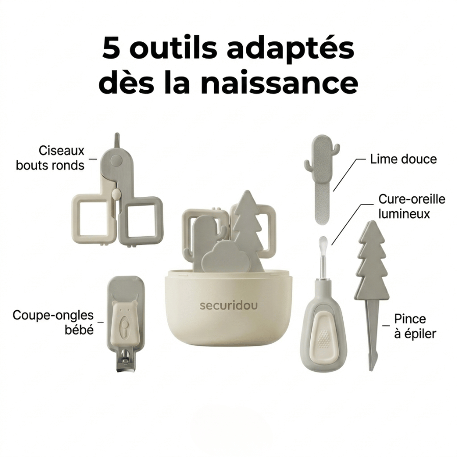 Securidou baby nail kit accessories: scissors, glass nail file and tweezers