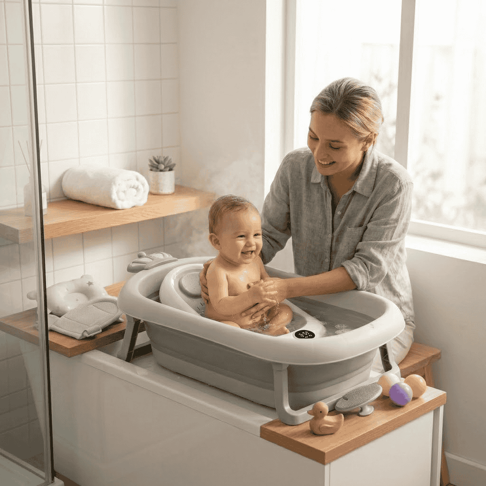 Securidou foldable baby bath, filled, with the temperature checked