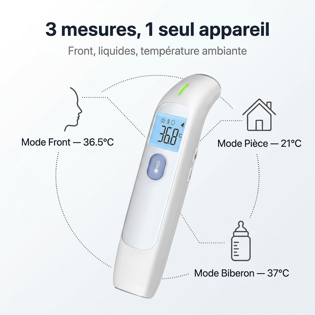 Infographic: 3 modes of the Securidou non-contact thermometer (forehead, bottle, room)