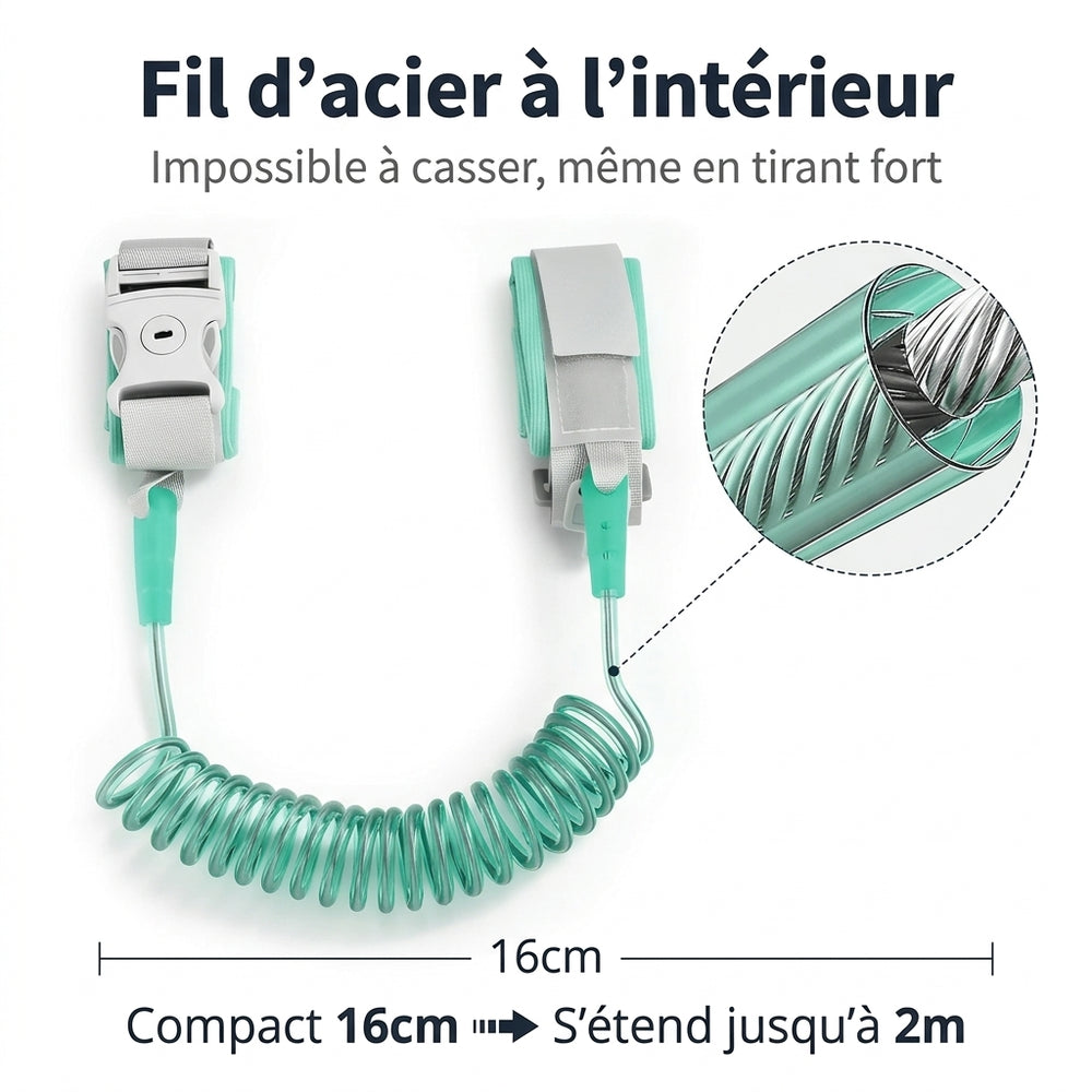 Anti-lost wrist link details: 2 m extendable coiled cord and adjustable Securidou straps