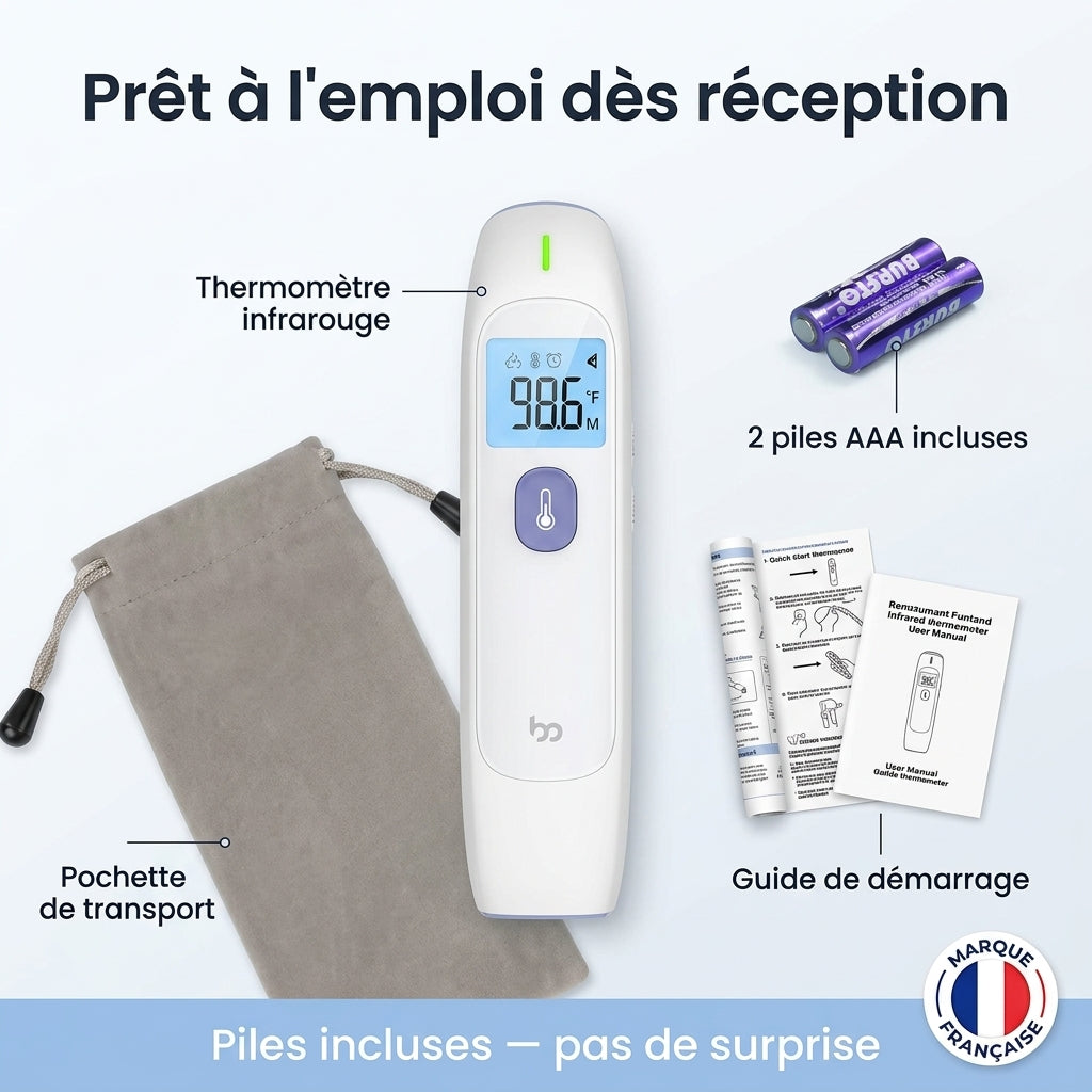 Infographic: using the Securidou non-contact infrared thermometer at 0-3 cm from the forehead
