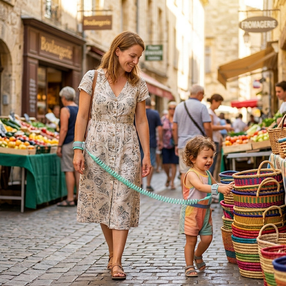 Mum and young child on a walk with the Securidou anti-lost wrist link