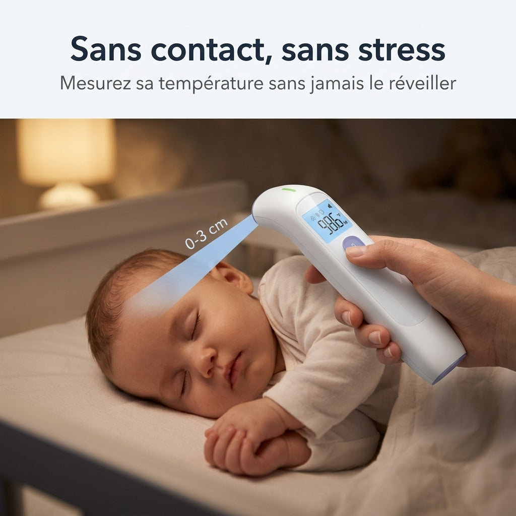 Mum taking her baby's temperature with the Securidou non-contact thermometer