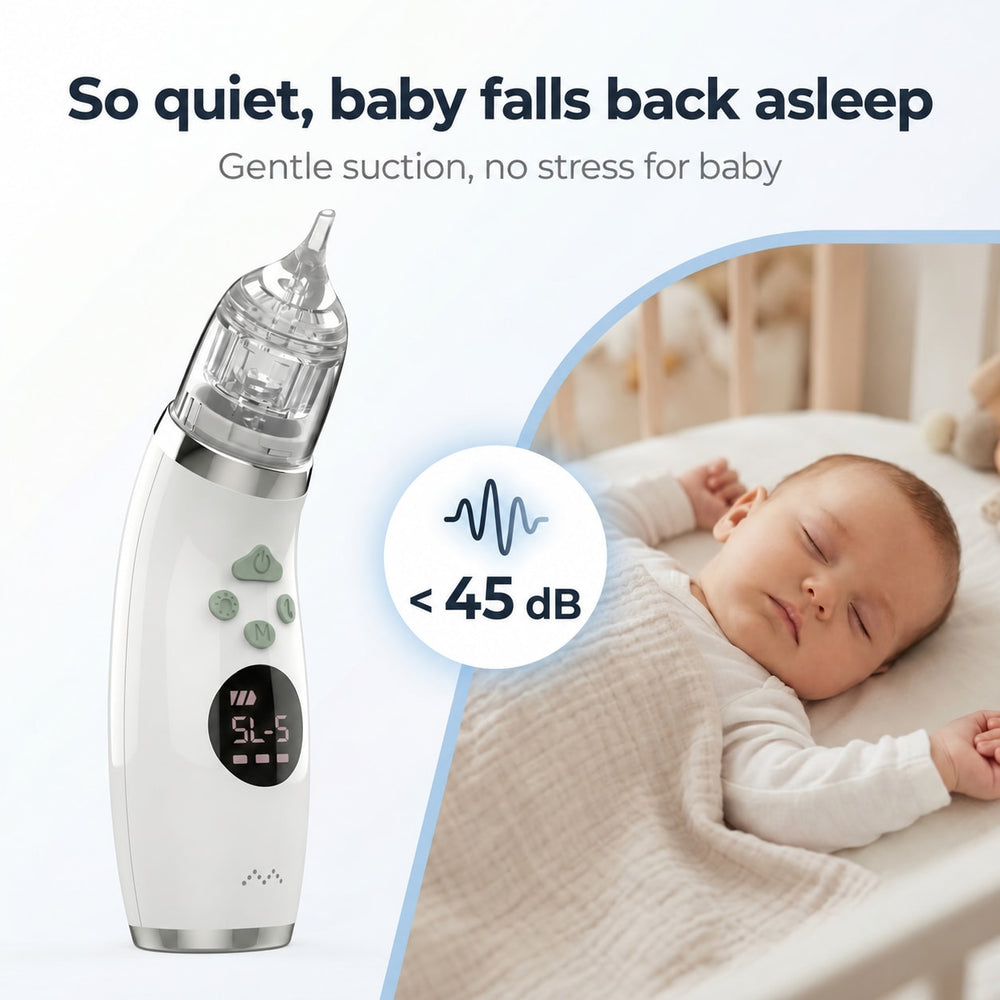So quiet, baby falls back asleep Gentle suction, no stress for baby