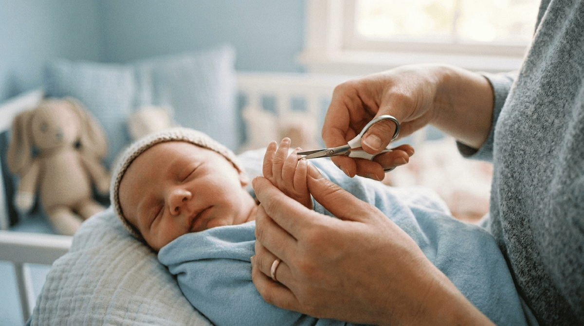 Parent gently cutting a sleeping newborn's nails with round-tipped scissors