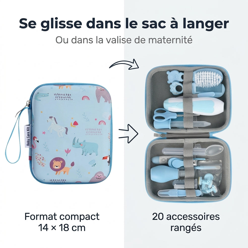 Open baby grooming kit, detail of the Securidou hygiene accessories