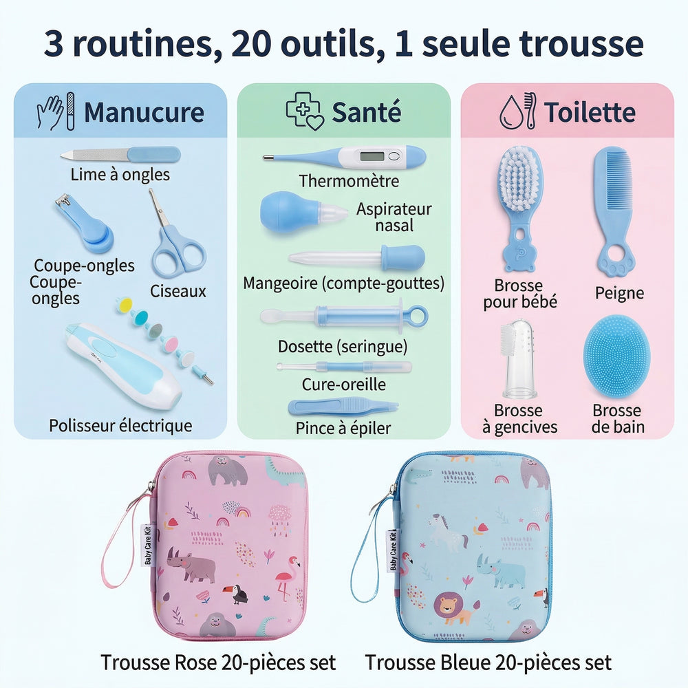 Baby care accessories: Securidou thermometer, round-tipped scissors and brushes