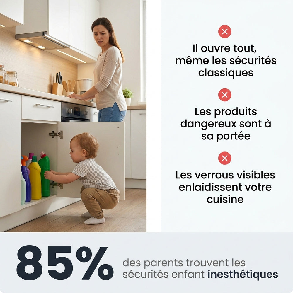 Toddler in front of a cupboard secured with a Securidou magnetic lock