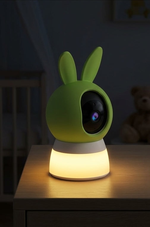 Rabbit-shaped Securidou video baby monitor on a bedside table in the darkened room, its night light switched on