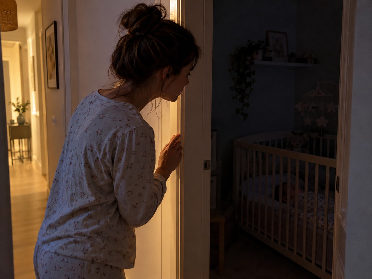 Parent opening the nursery door a crack in the dark