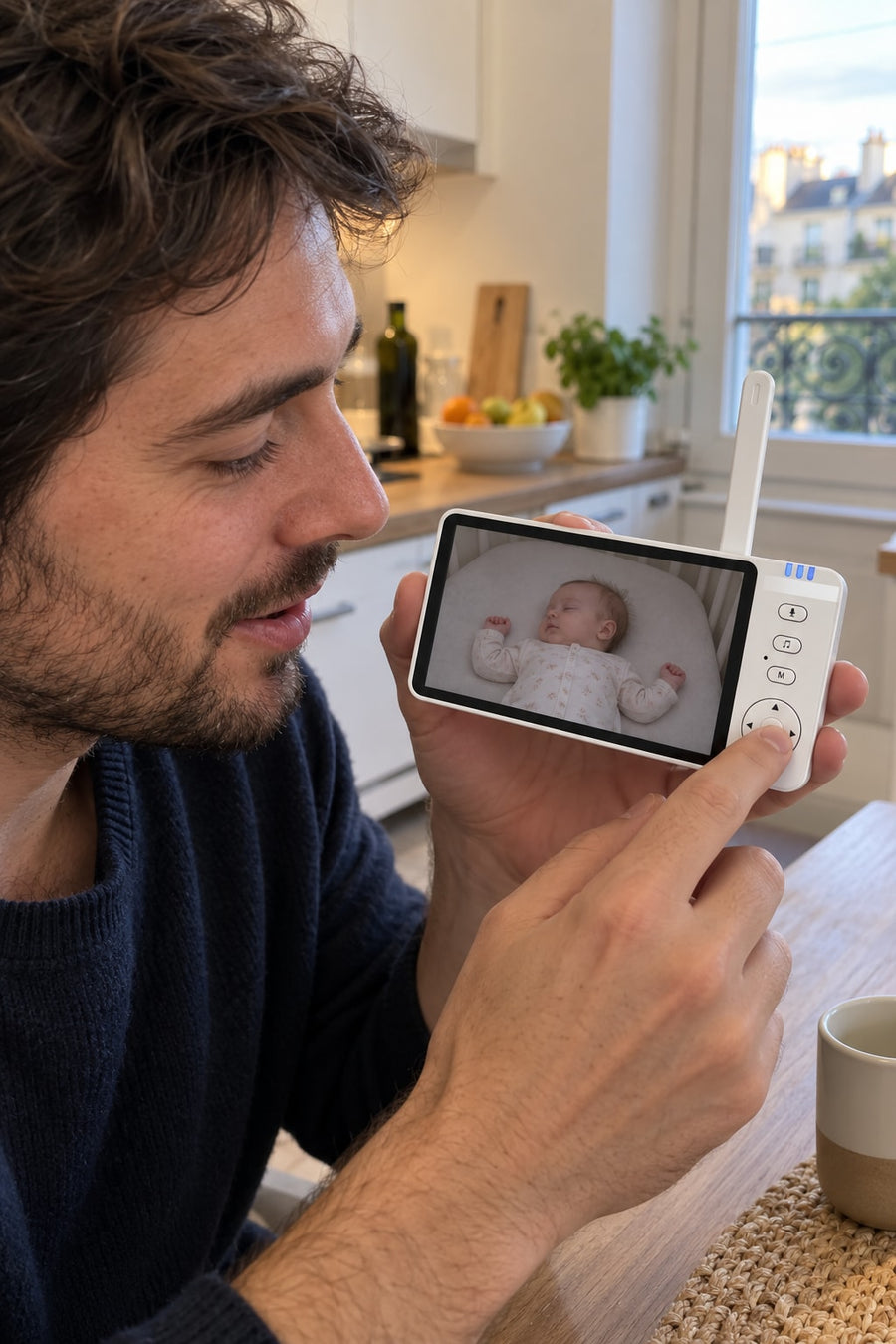 Parent talking to their baby through the two-way talk of the Securidou baby monitor without Wi-Fi