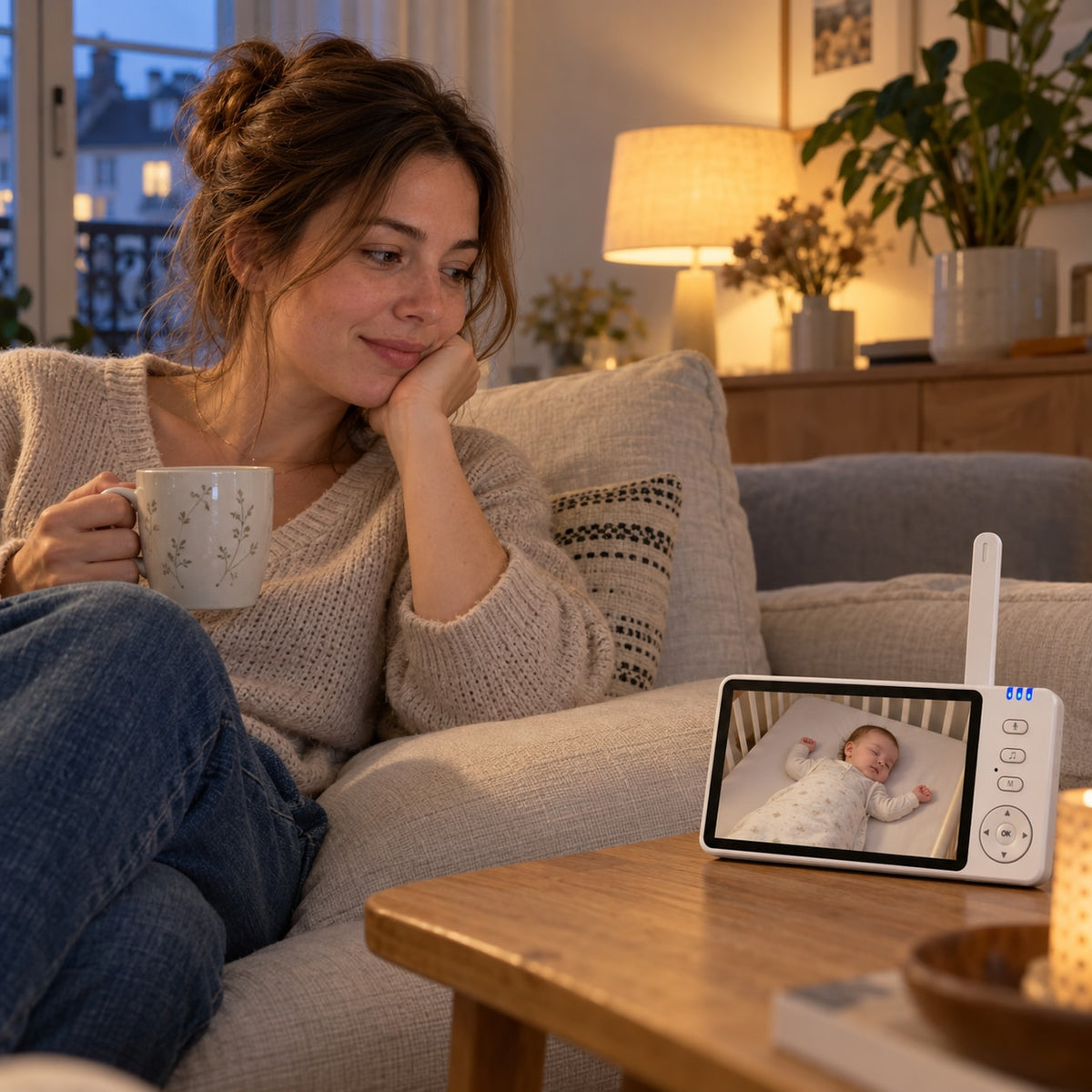Parent on the sofa in the evening, the screen of the Securidou baby monitor without Wi-Fi showing their sleeping baby