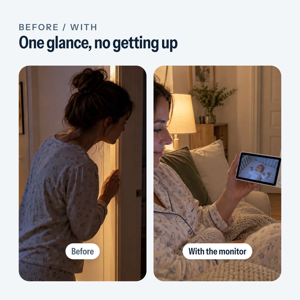 Before, a parent listening at the door; with, the video baby monitor in the living room