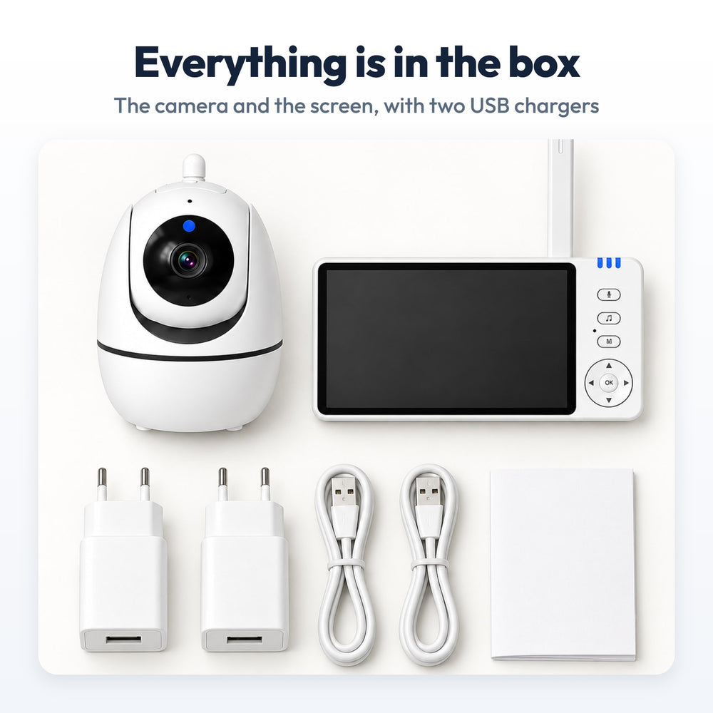 Securidou Video Baby Monitor Without Wi-Fi: contents of the box, laid out flat