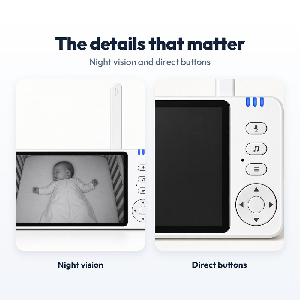Securidou Video Baby Monitor Without Wi-Fi: close-ups of the night vision and the buttons
