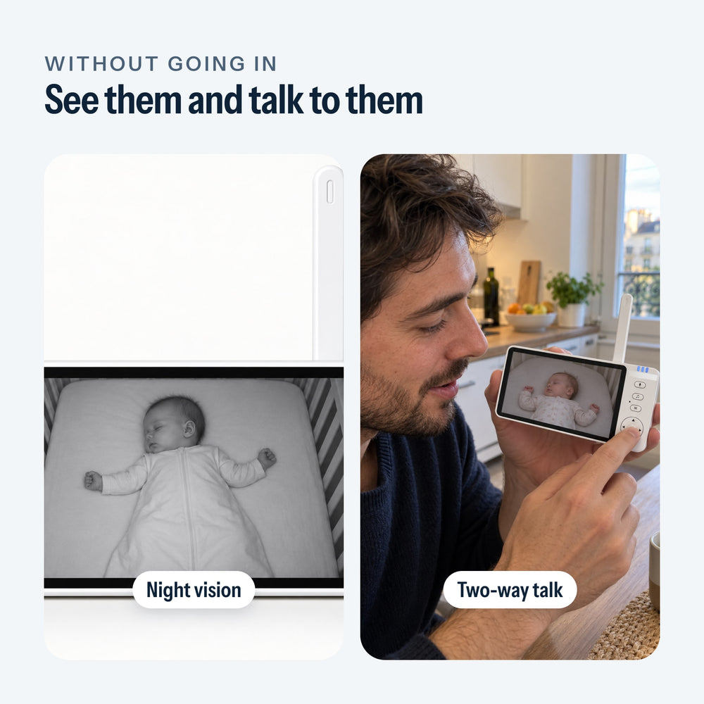 Night vision on the baby monitor screen, then a parent using two-way talk