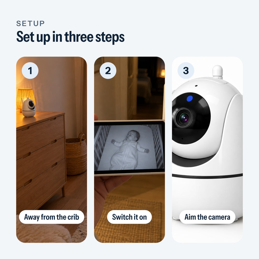 Baby monitor setup: camera away from the crib, screen on, camera aimed