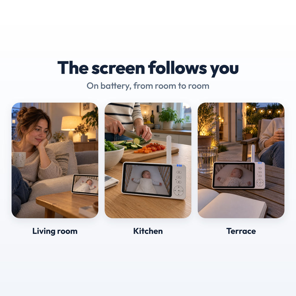 Securidou Video Baby Monitor Without Wi-Fi: battery-powered screen, in the living room, in the kitchen, on the terrace
