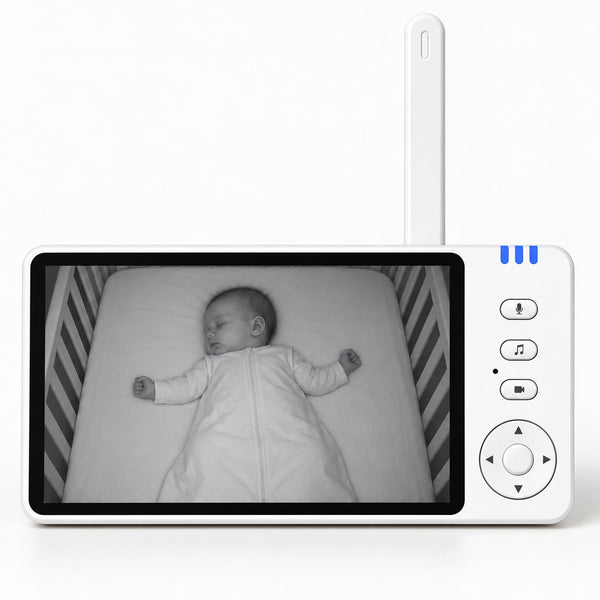 Screen of the Securidou baby monitor without Wi-Fi in night vision, baby asleep on their back
