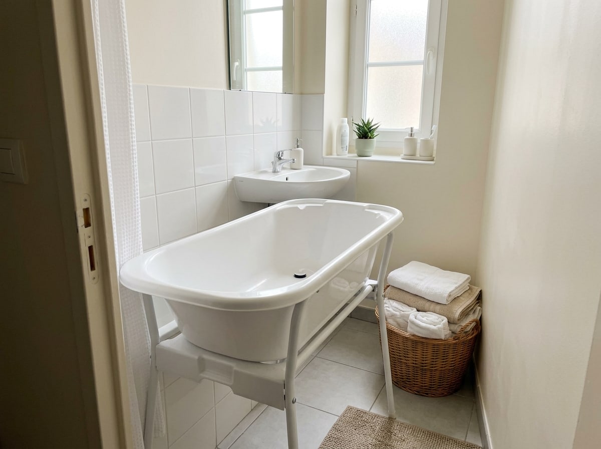 Small bathroom cluttered by a rigid bath on its stand