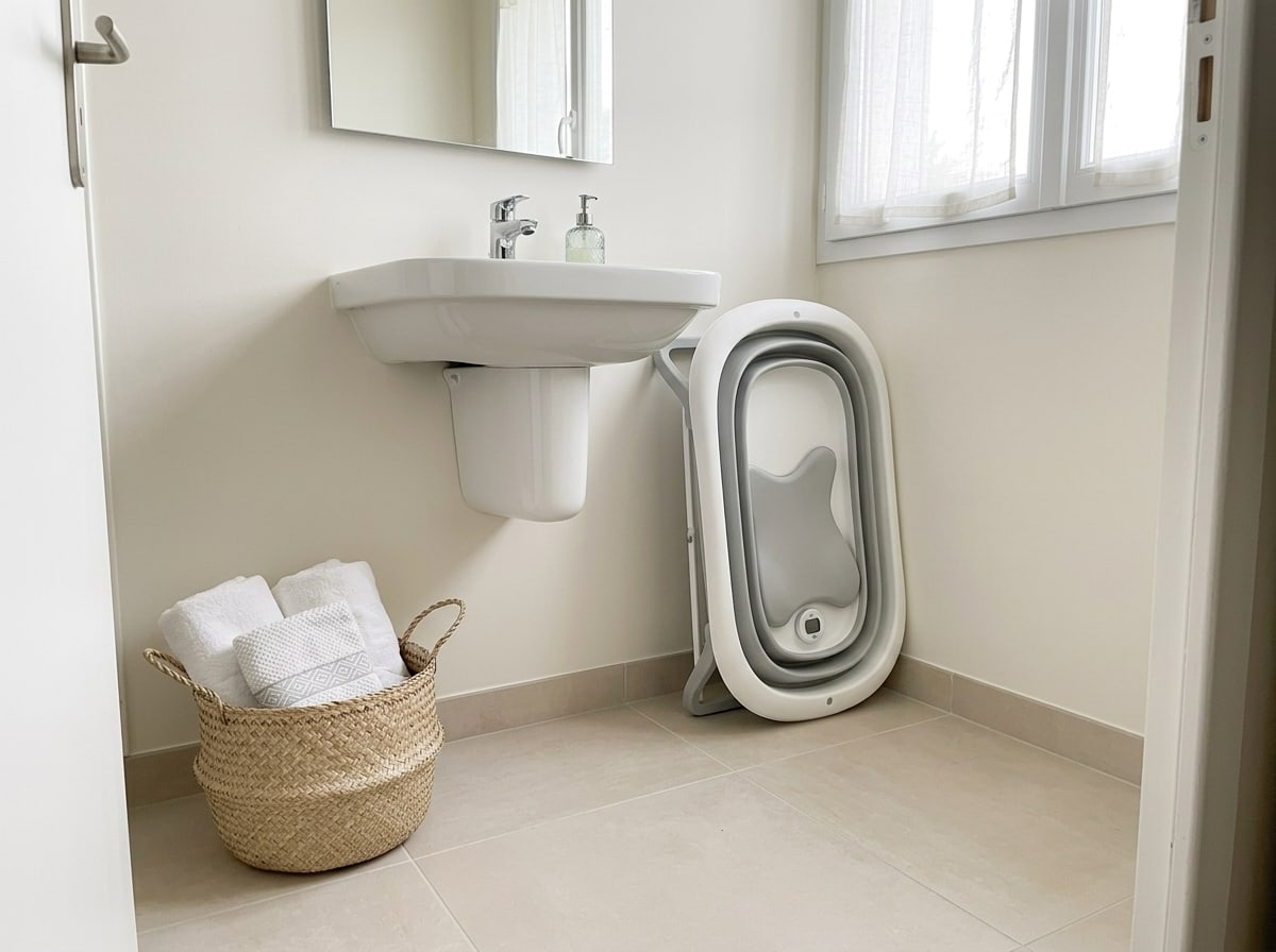 The same bathroom cleared, with the foldable bath stored flat against the wall
