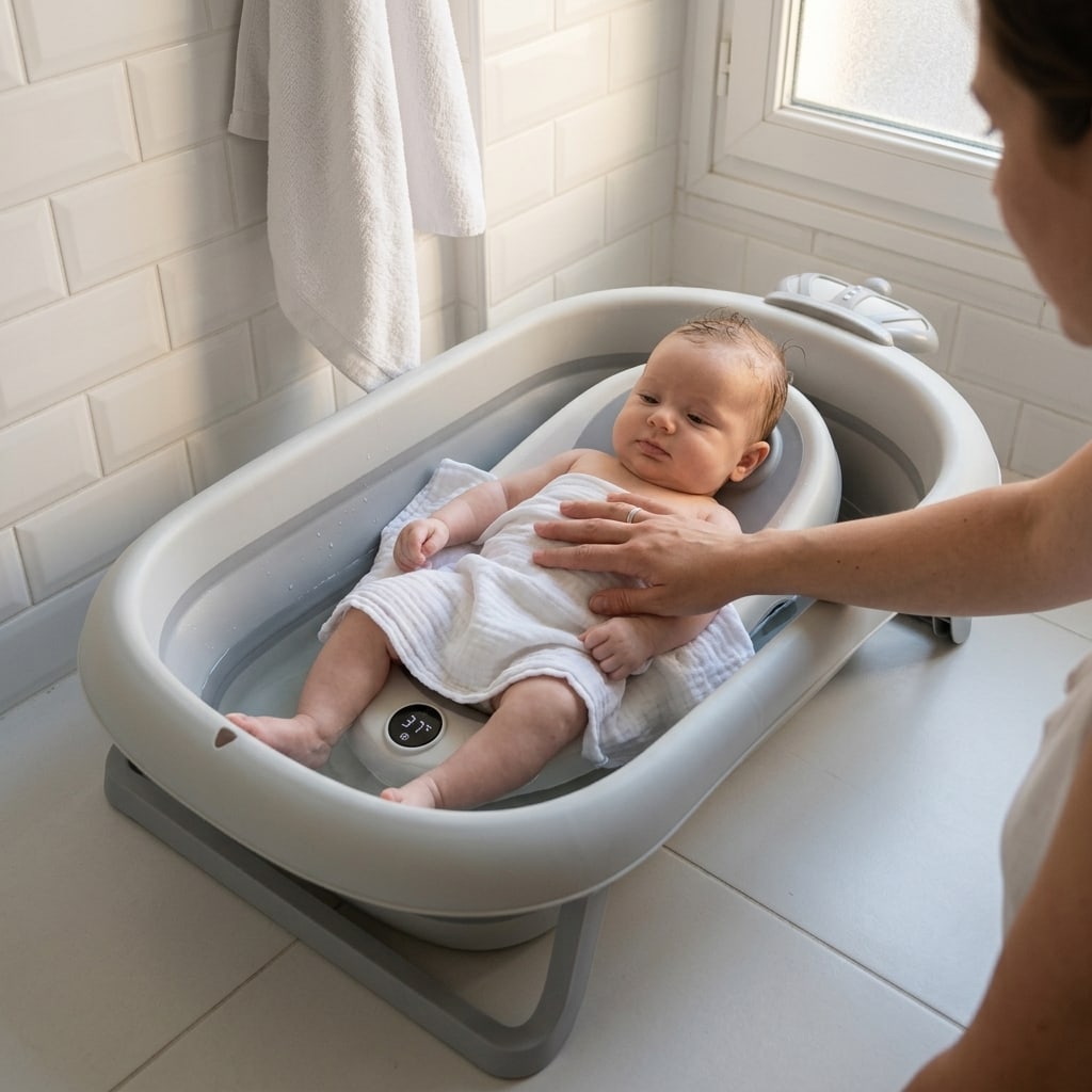 Baby lying on the reclining cushion of the Securidou foldable bath, a parent's hand on their chest