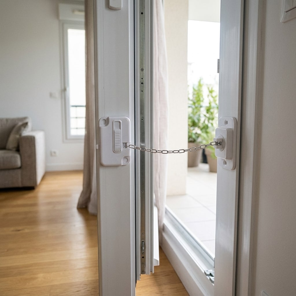 Patio door open a few centimetres, held by the Securidou chain window lock