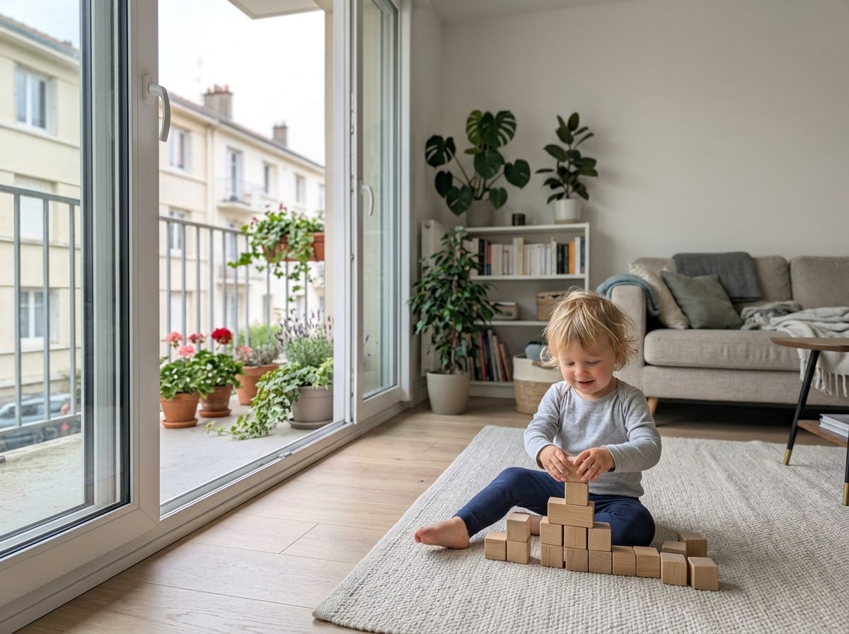 Living room with a wide-open patio door and a child playing on the rug