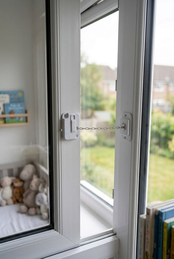 Bedroom sliding window left ajar, held by the Securidou window lock