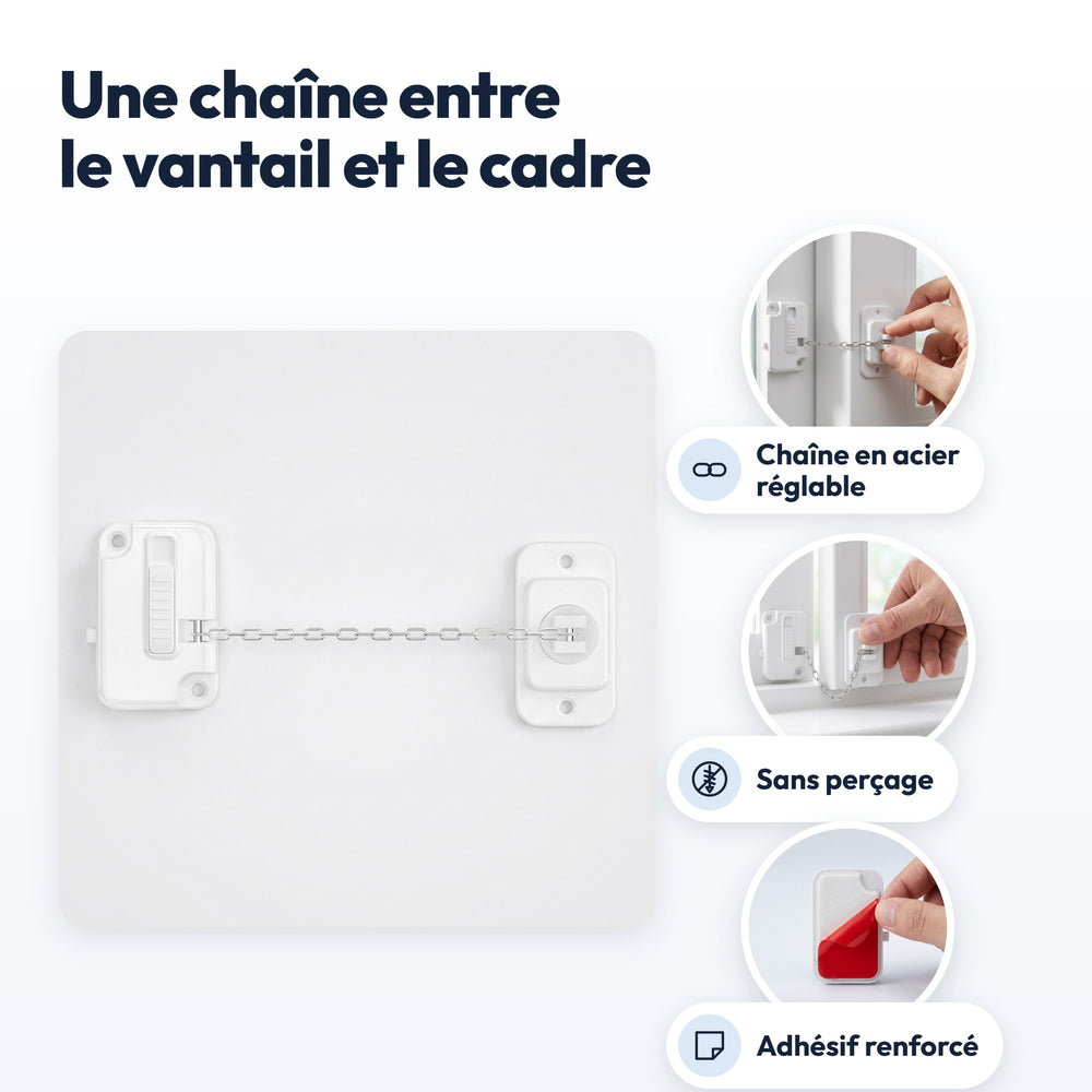 Securidou window lock from the front: adjustable steel chain, installation without drilling, reinforced adhesive