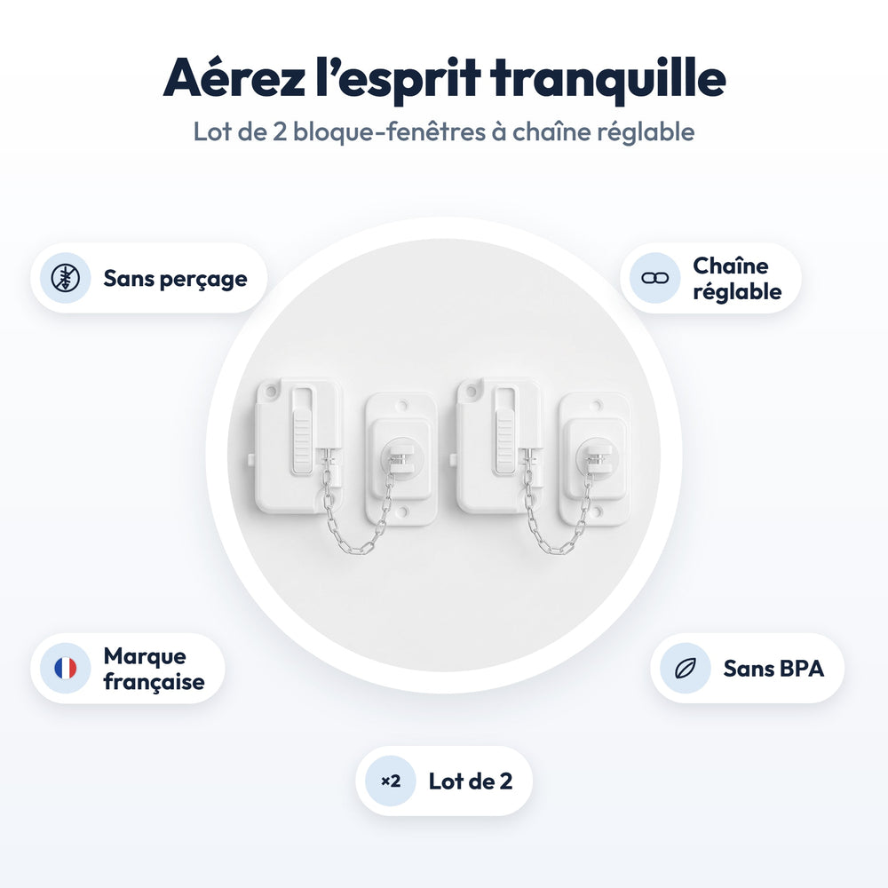 Pack of 2 Securidou window locks: without drilling, adjustable chain, French brand, BPA-free