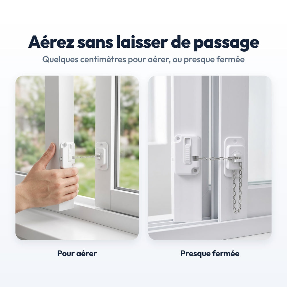 Sliding window left ajar to let air in, then almost closed, with the Securidou window lock