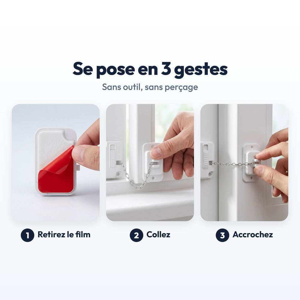 Installing the window lock in 3 steps: peel off the film, stick it on, hook the chain