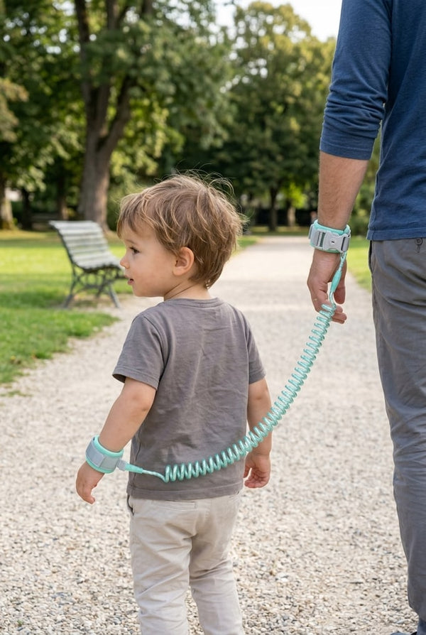 Child on a park path, connected to their parent's wrist by the coiled cord