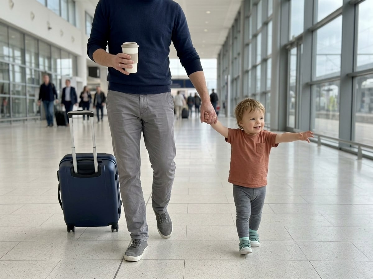Parent at a station, a suitcase and a coffee in hand, keeping hold of their child by the hand