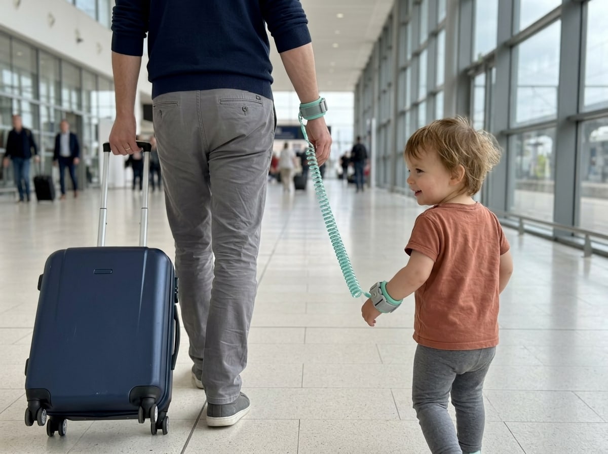 Parent at a station with their suitcase, their child connected to their wrist by the anti-lost wrist link