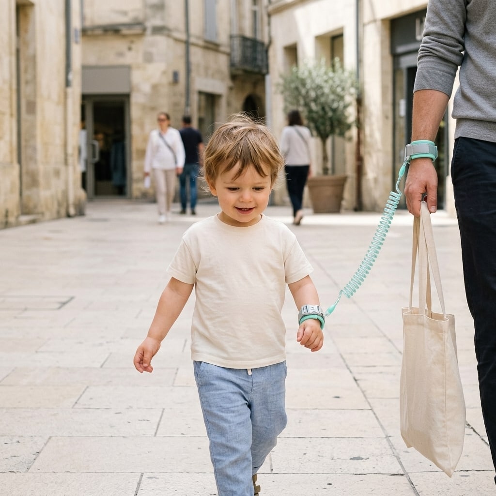 Child walking ahead of their parent in a square, connected by the Securidou anti-lost wrist link
