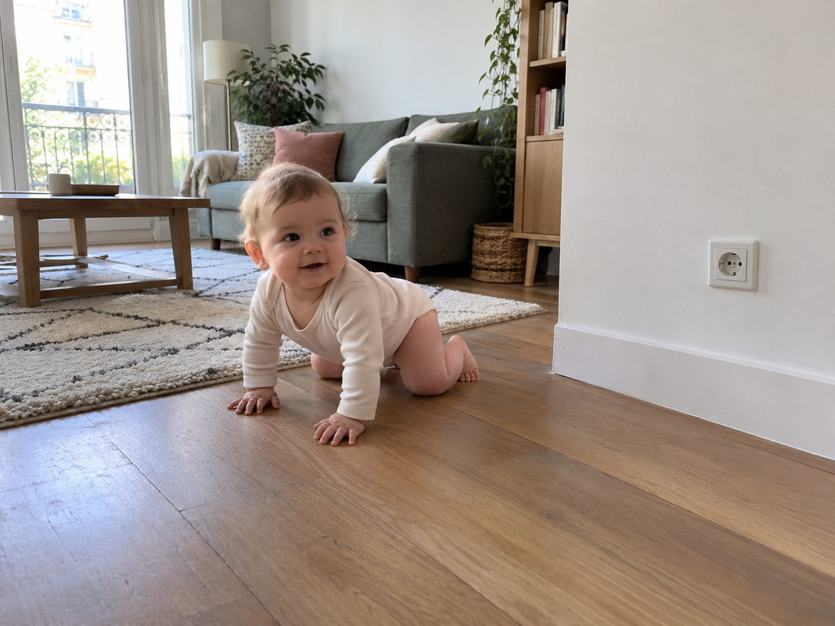 Living room with an open low socket and a crawling baby