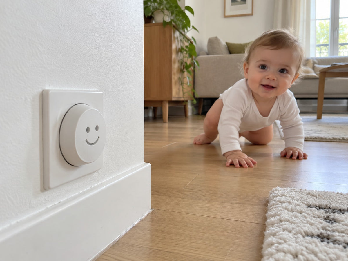 The same living room, the low socket closed by a Securidou rotating socket cover
