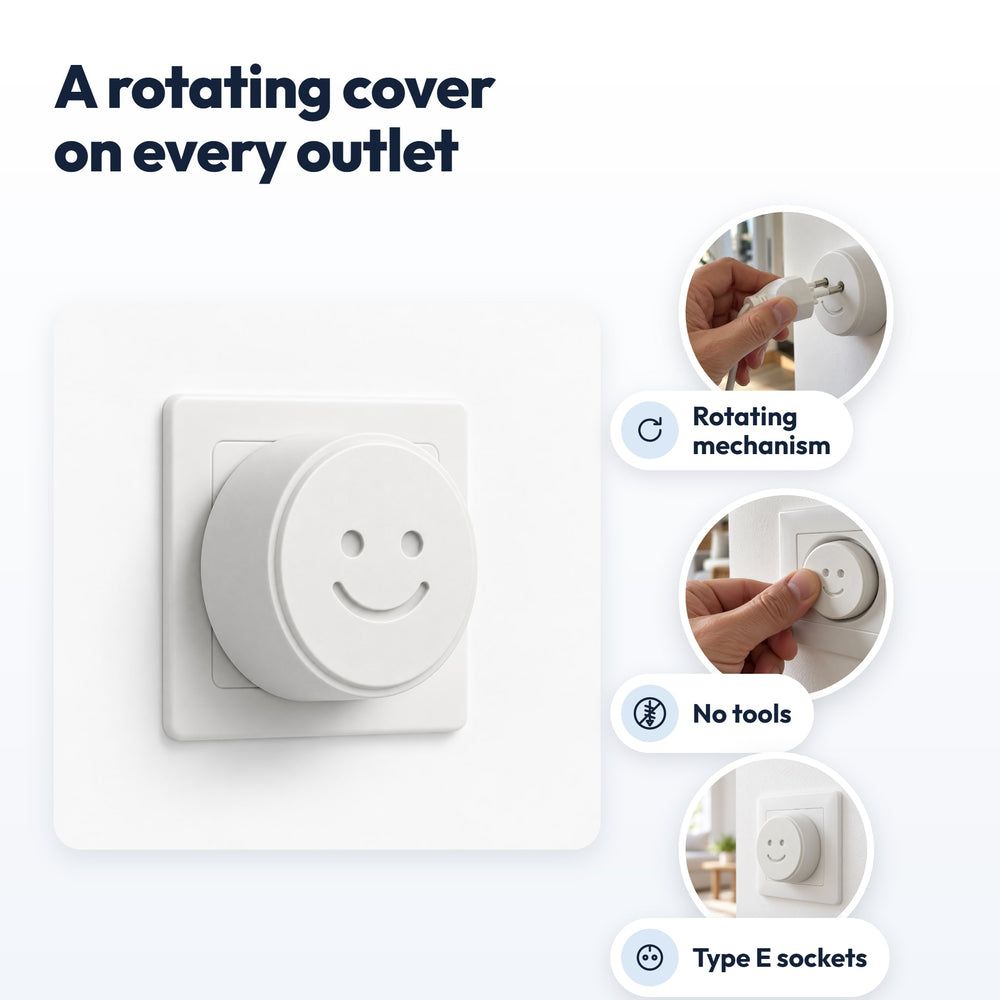 Securidou rotating socket cover: rotating mechanism, no tools, Type E sockets