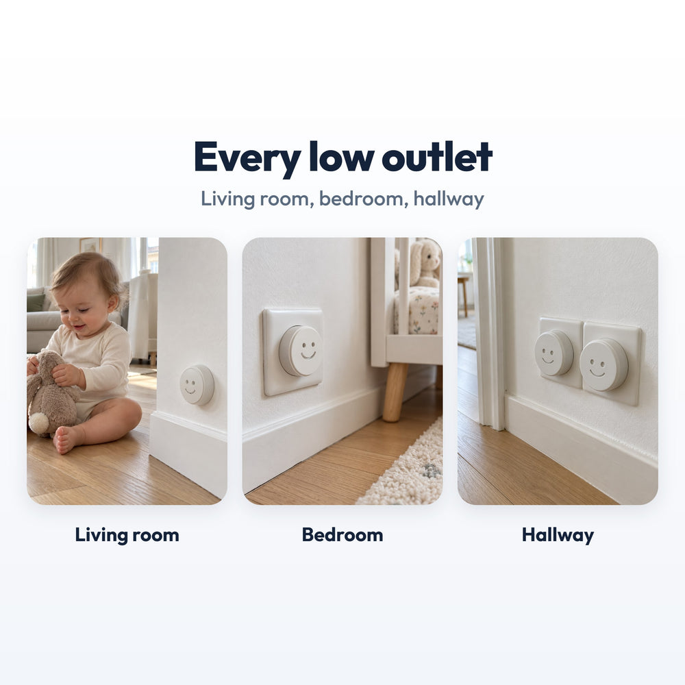 Securidou socket covers in a living room, a bedroom and a hallway