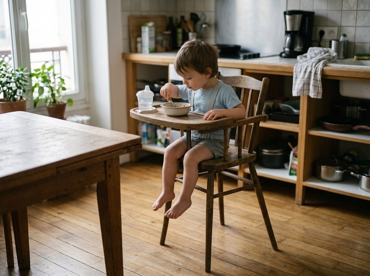 Child on a wooden high chair without a footrest, feet dangling in the air