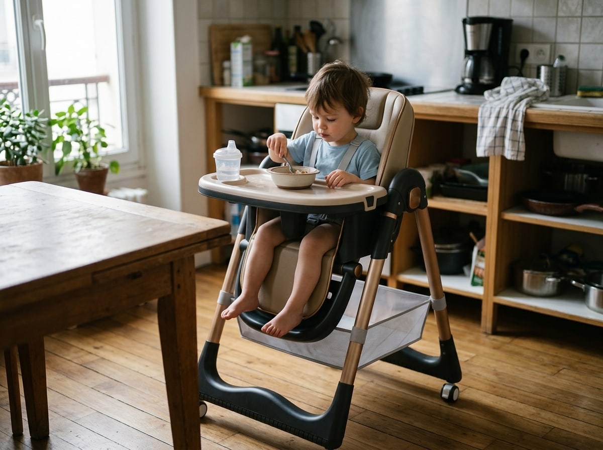 Child in the Securidou adjustable high chair, feet resting on the footrest