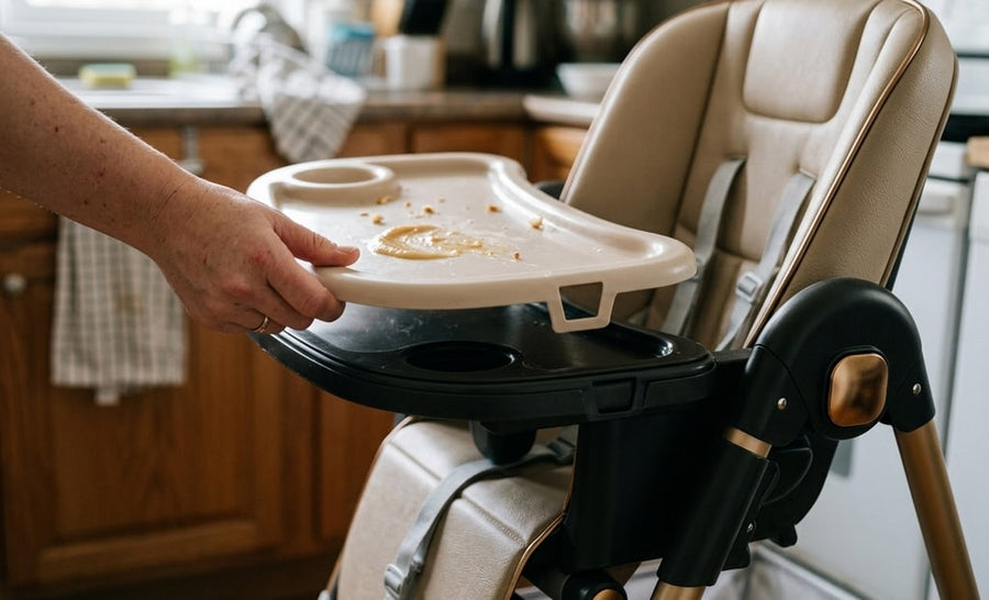 Hand removing the top tray of the high chair after the meal