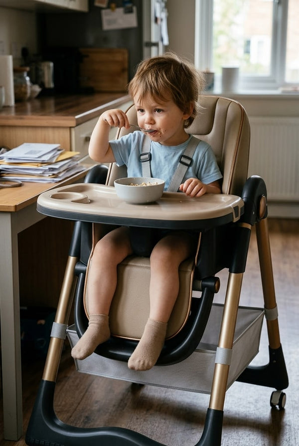 3-year-old child in the same high chair, feet on the footrest