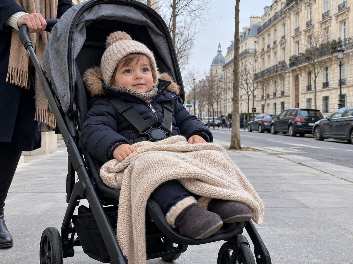 Blanket sliding off a baby’s legs in a stroller and hanging toward the wheels