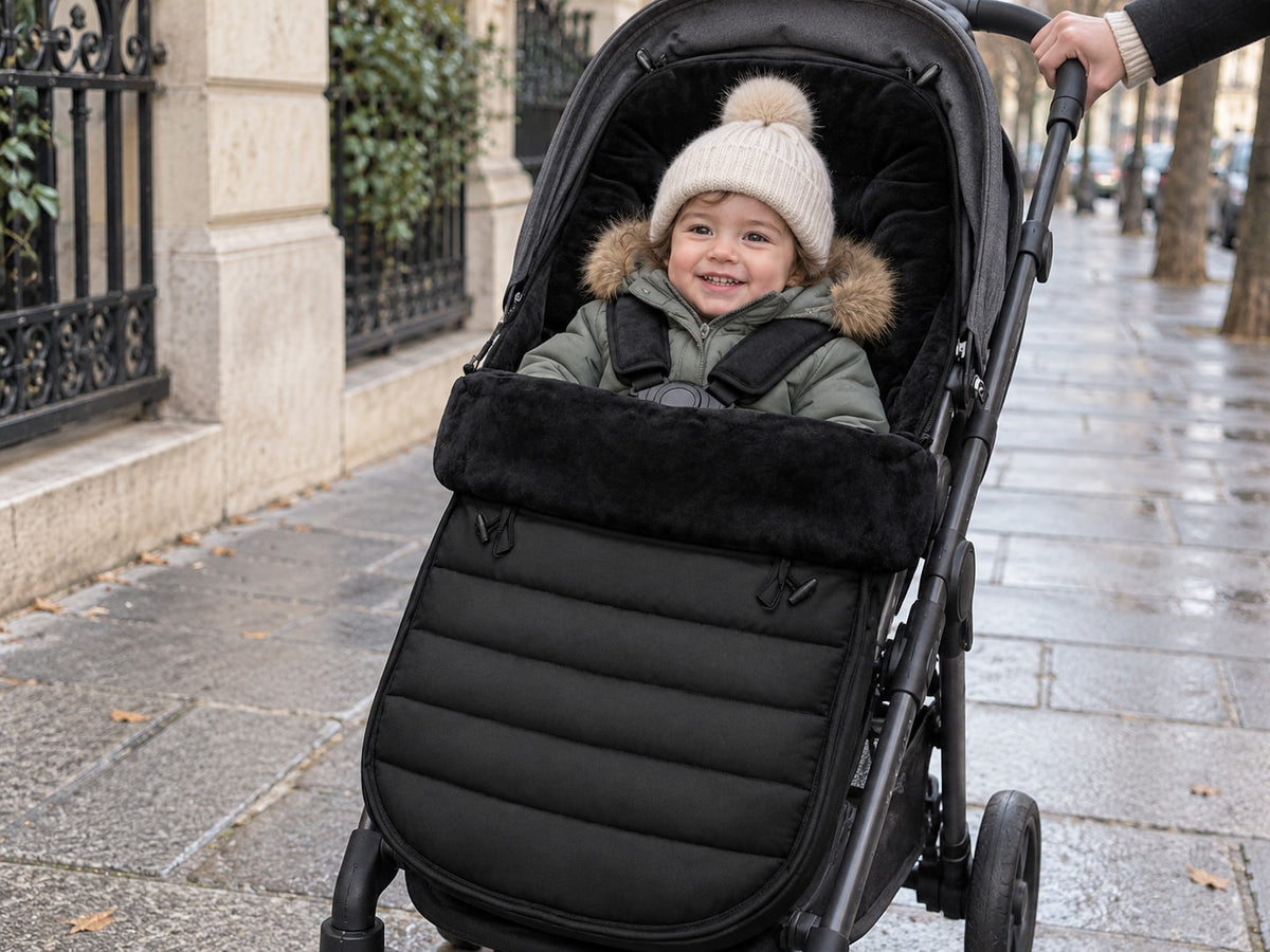 Baby in a stroller in the black Securidou footmuff, flap closed over their legs