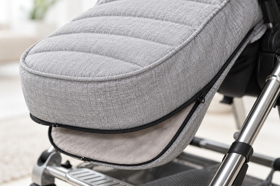 Foot end of the Securidou footmuff opened with its zip, velvety lining visible