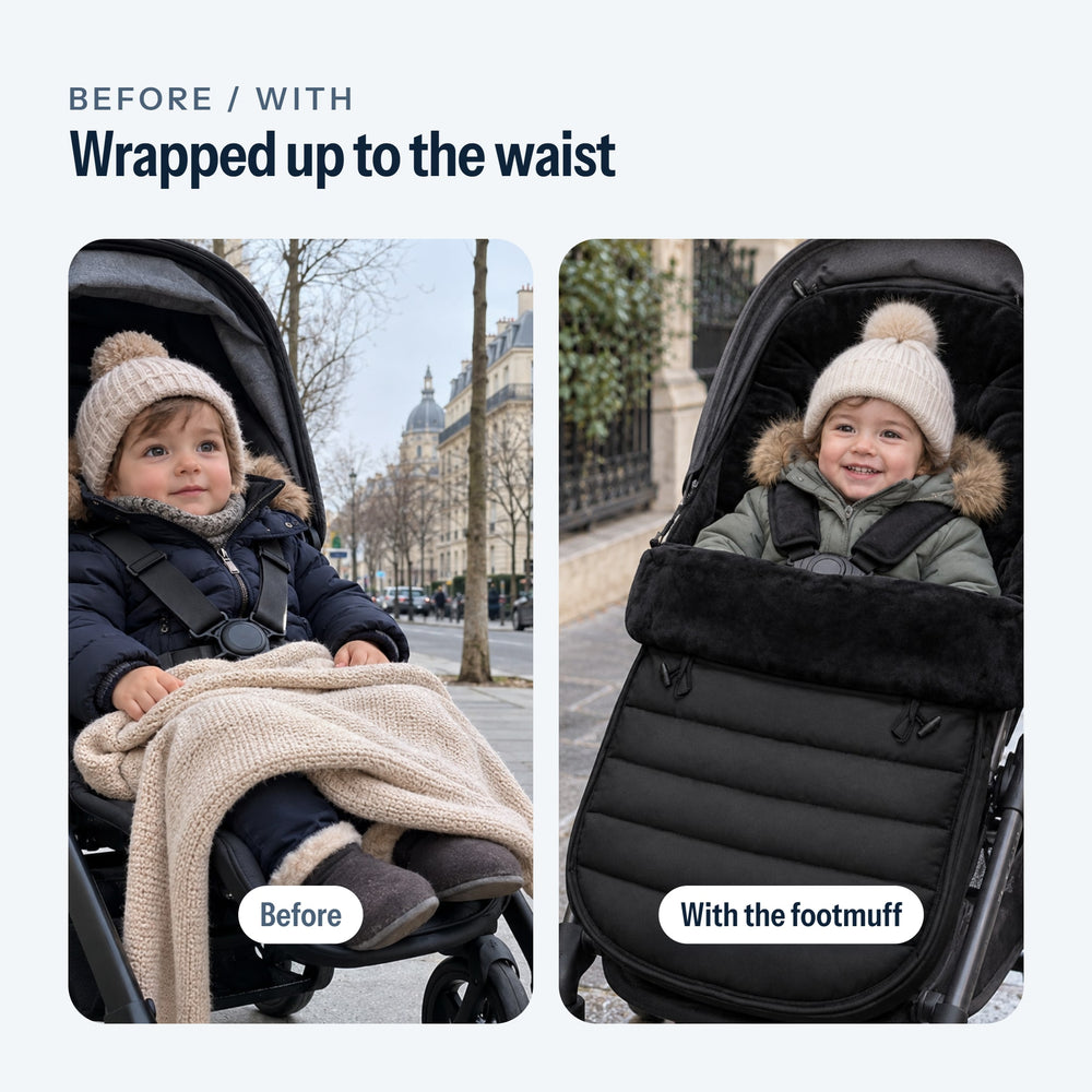 Before, a slipping blanket; with, the baby wrapped in the footmuff